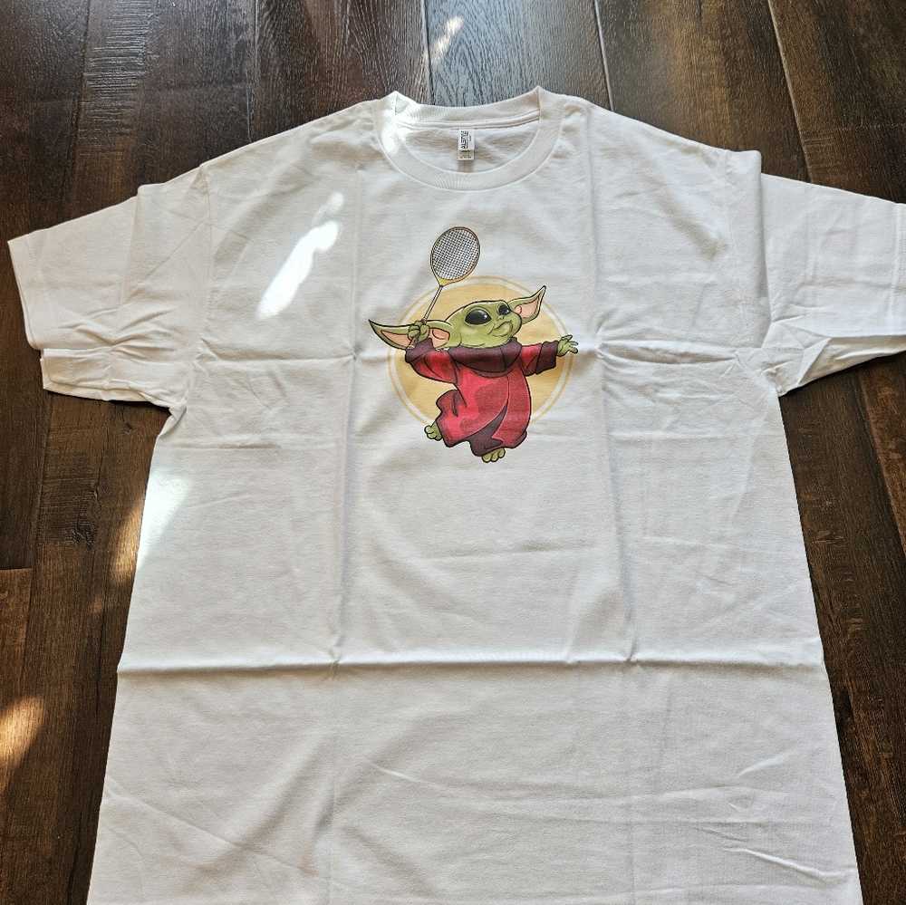 White baby yoda Grogu Starwars tennis badminton crew neck tshirt XL NWOT
